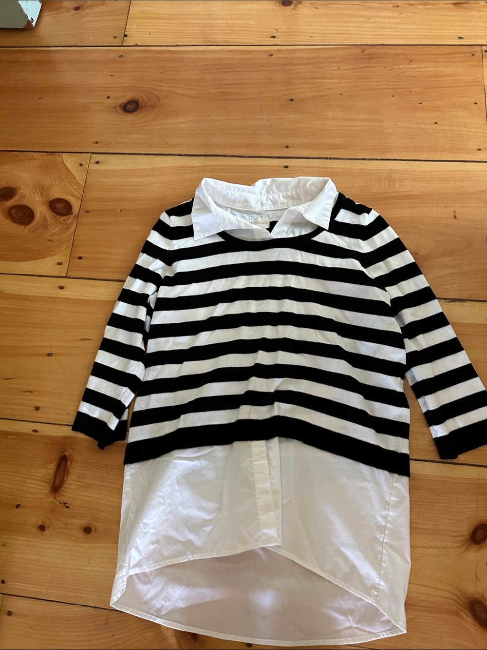 Chico's Black & White Striped Faux-Layer Collared Top